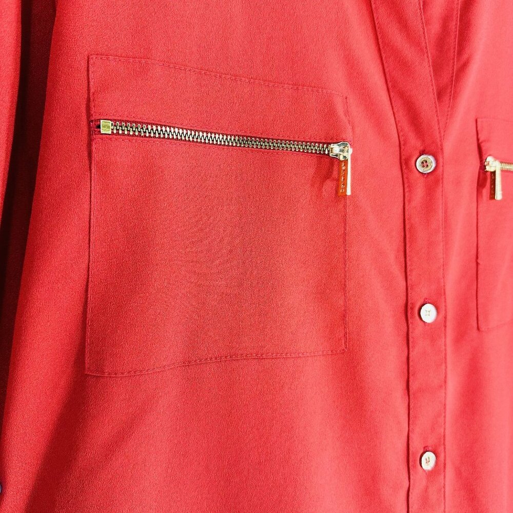 Calvin Klein Red Orange Modern Essential Notch Neck Button Down Long Sleeve Shir - Picture 6 of 12